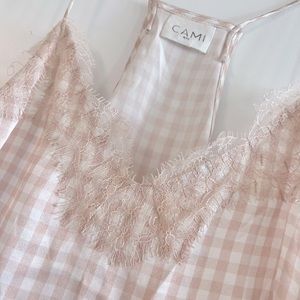 Cami NYC Racer Lace Trim Silk Camisole in Pink & White Gingham